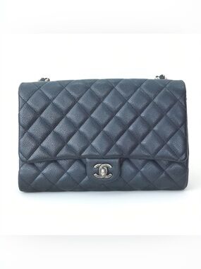 CHANEL Classic Double Flap Quilted Caviar Leather Shoulder Bag in Dark Gray